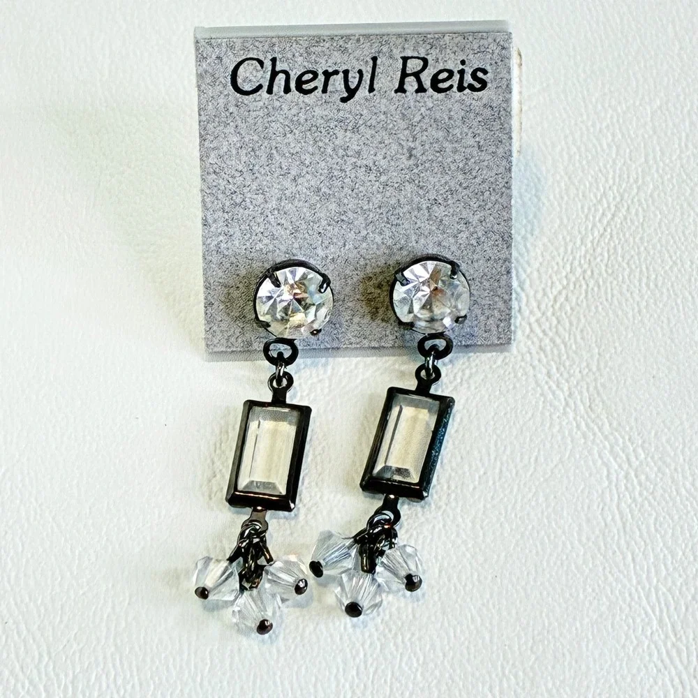 Rhinestone‎ Dangle Drop Earrings Gunmetal Clear Crystal Geometric Cheryl Reis